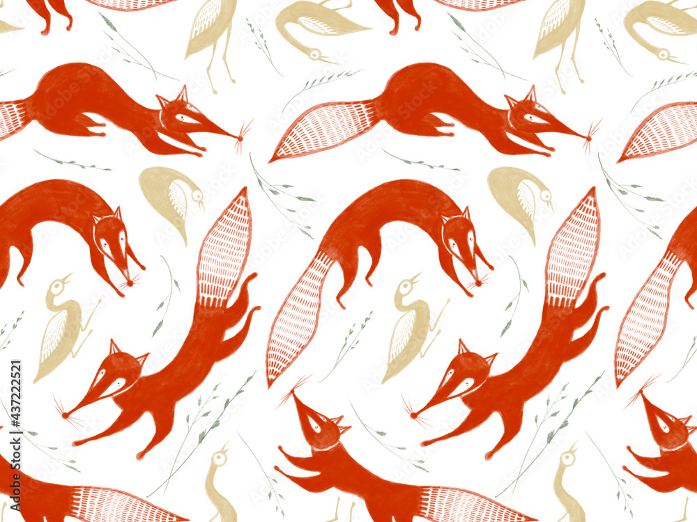 Seamless pattern with cute stylized jumping red foxes, gold birds and herbs isolated on white background. Artistic background in bright colors. Seamless pattern with cute stylized jumping red foxes, gold birds and herbs isolated on white background. Artistic background in bright colors.