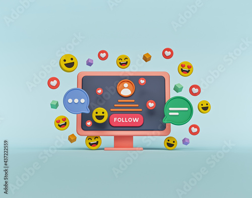 computer monitor, social media profile, follow button, emoji, chat and heart icons. 3d rendering