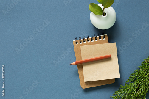 Obraz na płótnie Notebook and colored pencil and vase of plant on desk. navy blue background. flat lay, top view, copy space w salonie