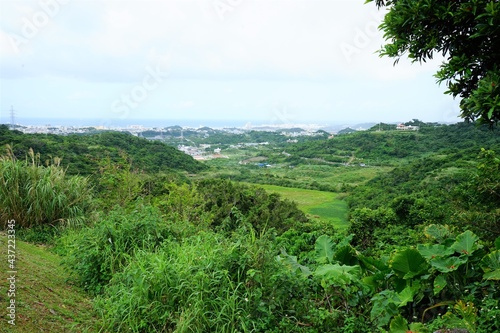 City view of Nakagusuku village from Nakagusuku Castle ruins. World heritage of Okinawa, Japan - 沖縄の世界遺産 中城城跡から中城村の眺望