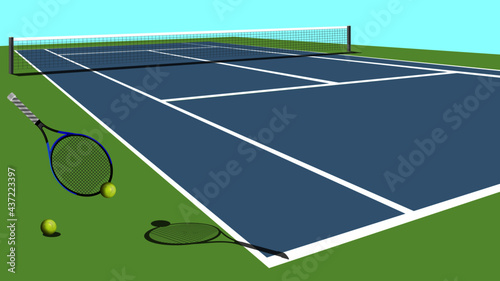 Creative illustration. Tennis racket and ball in Tennis Court.