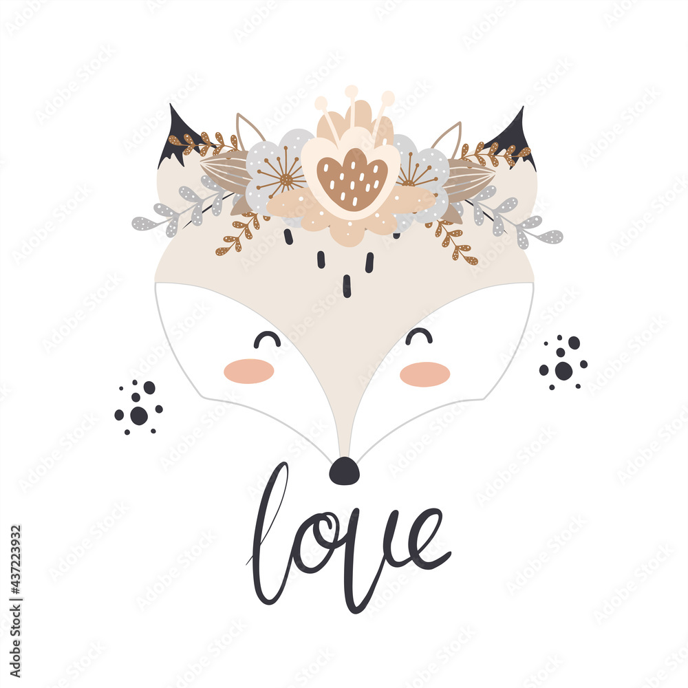 Fototapeta premium Cute fox with flower wreath in scandinavian style