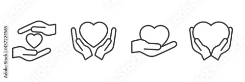 Heart with hands line icons set. Assistance and support black outline symbols collection. No profit organizations pictogram. Voluntary linear signs. Vector isolated on white background