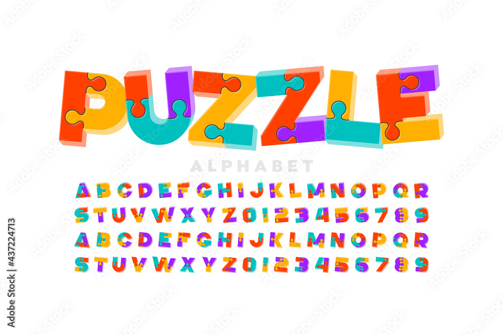 Puzzle game style 3d font, jigsaw puzzle alphabet letters and numbers, vector illustration