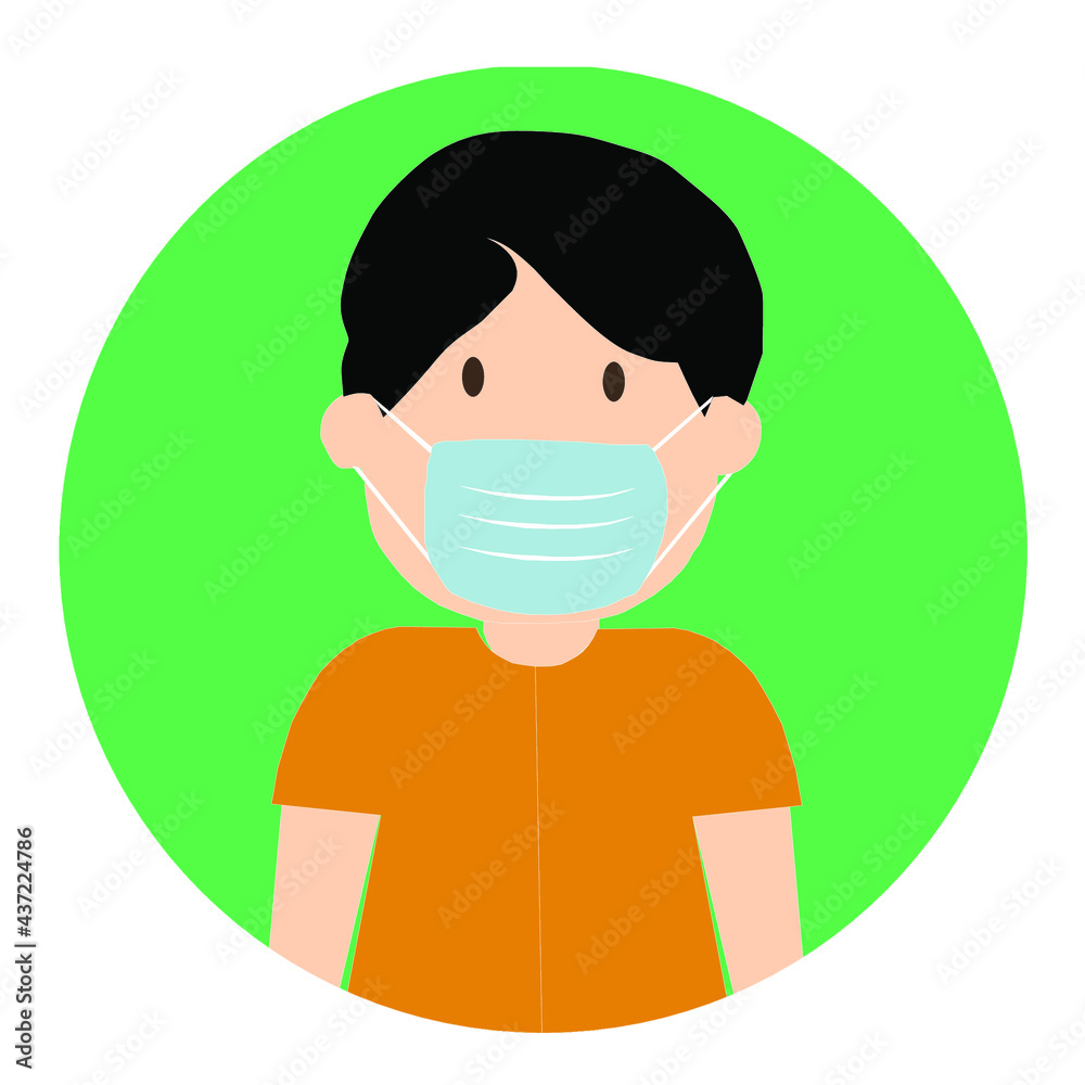 Medical comic face the face of the corona virus protector. vector appearance of a young boy using a mask in cartoon shape.