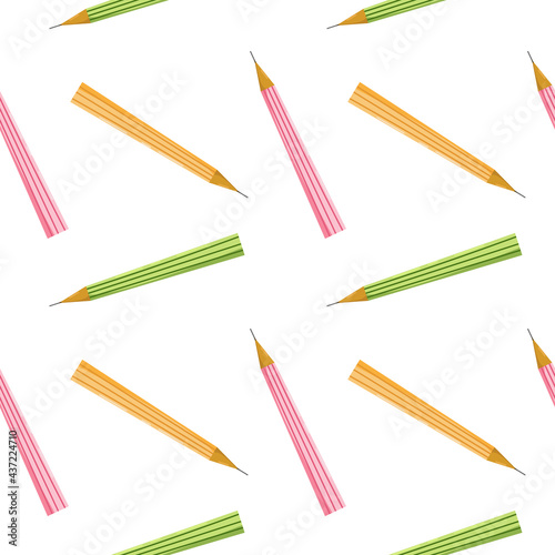 Seamless pattern with color pencils. Hand drawn vector illustration with cryons, paints, palette, brush. Back to school.