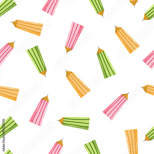 Seamless pattern with color pencils. Hand drawn vector illustration with cryons, paints, palette, brush. Back to school.