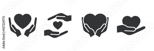 Heart with hands icons set. Assistance and support black silhouette symbols collection. Voluntary signs. Vector isolated on the white background