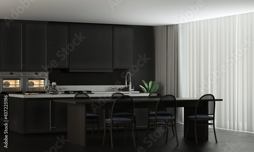 Home and decoration mock up furniture and interior design of modern cozy dining room room and dining table and kitchen space and black wall texture background, 3d rendering