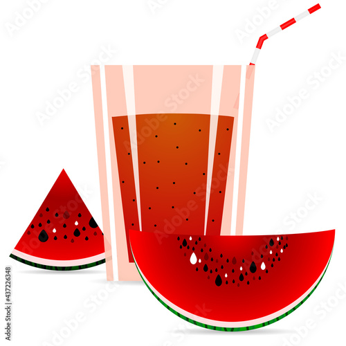 A glass of watermelon juice with watermelon pieces, vector art illustration.