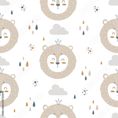 Seamless pattern with cute lion in scandinavian style