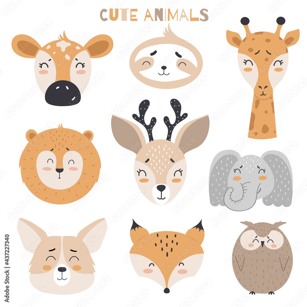 Set of cute animals in scandinavian style for kids design on white background