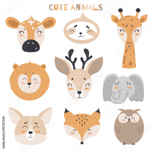 Set of cute animals in scandinavian style for kids design on white background