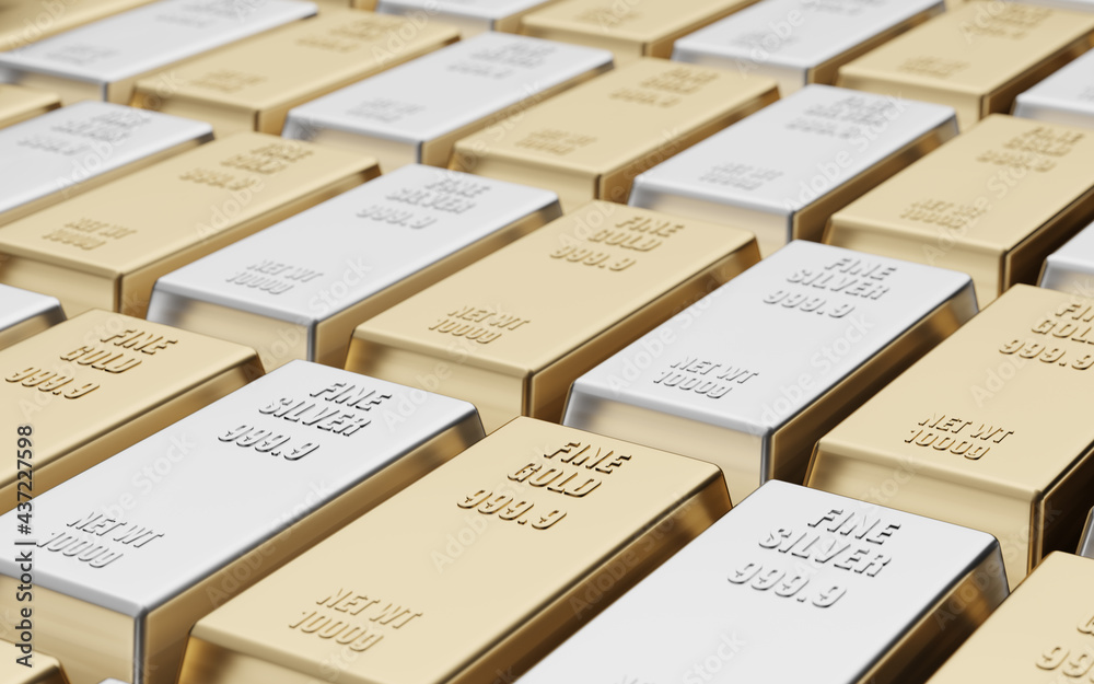 Gold and silver bars in bank vault background Gold and silver bars in bank vault background