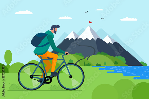 Young man riding bicycle in mountains. Boy bicyclist tourist with backpack on bike travel in nature. Male cyclist active recreation on hill lake and forest. Cycle ride touring vector illustration