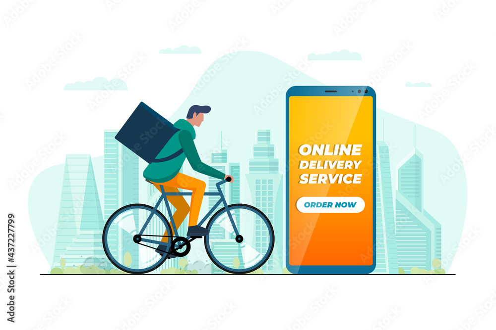 Fast bicycle online delivery service mobile app concept. Young man