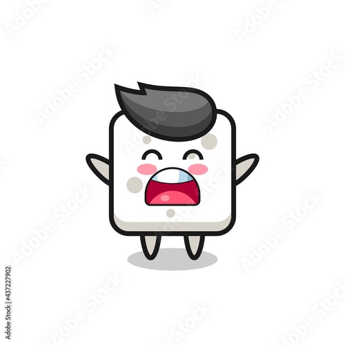 cute sugar cube mascot with a yawn expression