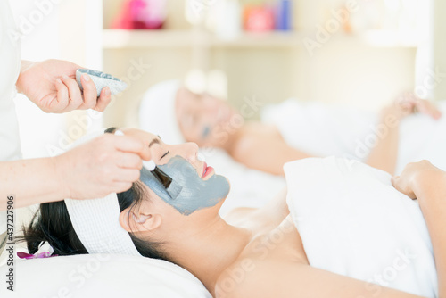 Face Skin Care. Female doing facial procedures to beautician. Young woman is masking her face in a spa salon. Beautician doing facial mask.