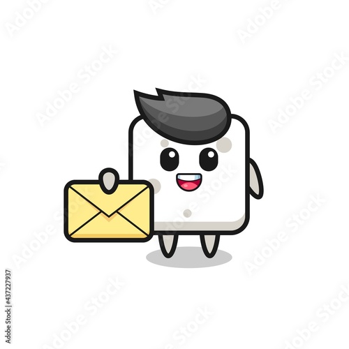 cartoon illustration of sugar cube holding a yellow letter