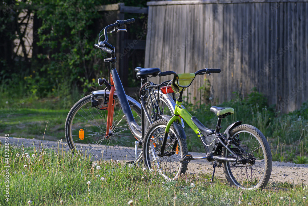 Two bicycles are parked on the side of a rural road