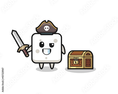 the sugar cube pirate character holding sword beside a treasure box