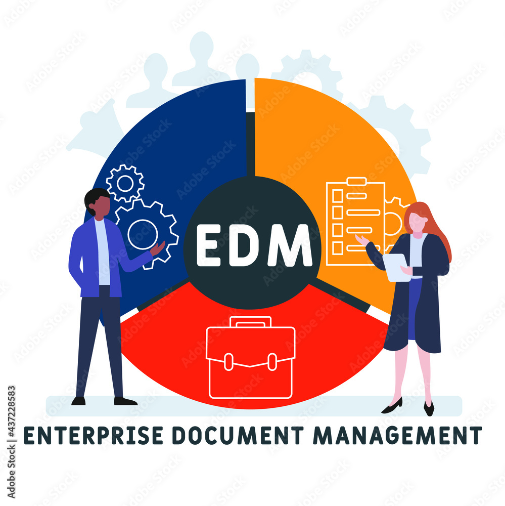 Flat design with people. EDM - Enterprise Document Management acronym. business concept background. Vector illustration for website banner, marketing materials, business presentation, online advertis Flat design with people. EDM - Enterprise Document Management acronym. business concept background. Vector illustration for website banner, marketing materials, business presentation, online advertis