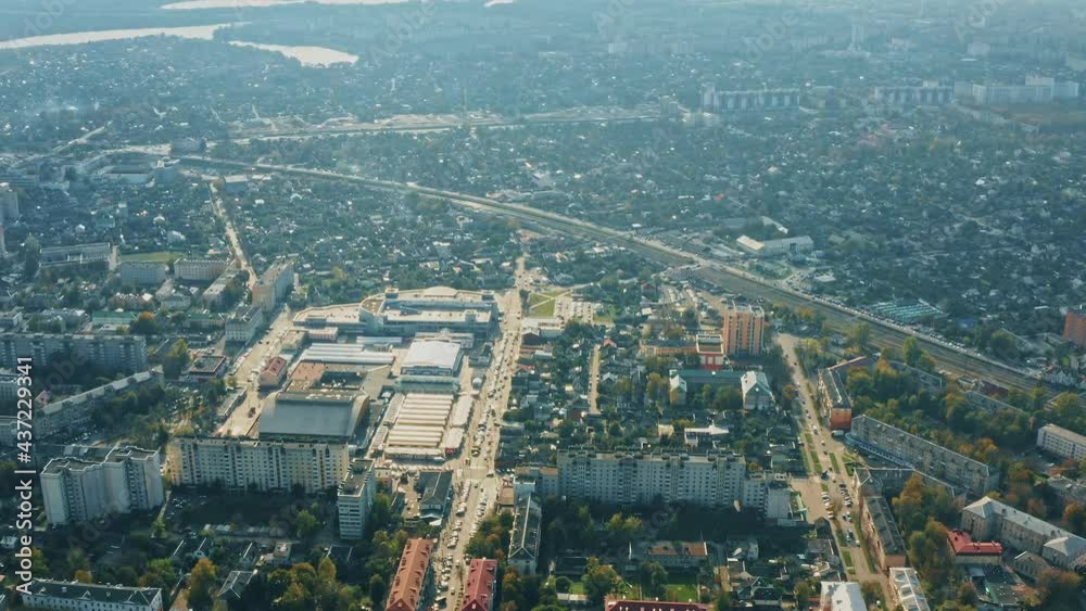 Gomel, Belarus. Aerial View Of Bird's-eye View, Flight Above Homiel. Main Market, Residential Districts, Downtowns. Traffic On Streets 4K Gomel, Belarus. Aerial View Of Bird's-eye View, Flight Above Homiel. Main Market, Residential Districts, Downtowns. Traffic On Streets 4K