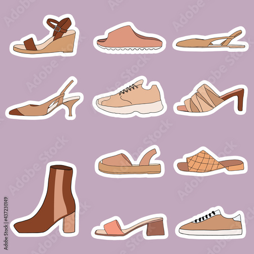 Big collection stickers with different types of modern trendy women shoes. Fashionable and stylish shoes concept. Colored flat vector illustration