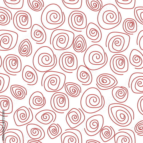 Simple seamless pattern. Hand-drawn circles  spirals  simple irregular shapes. Scandinavian style of abstract minimalism on a white background. Vector graphics.