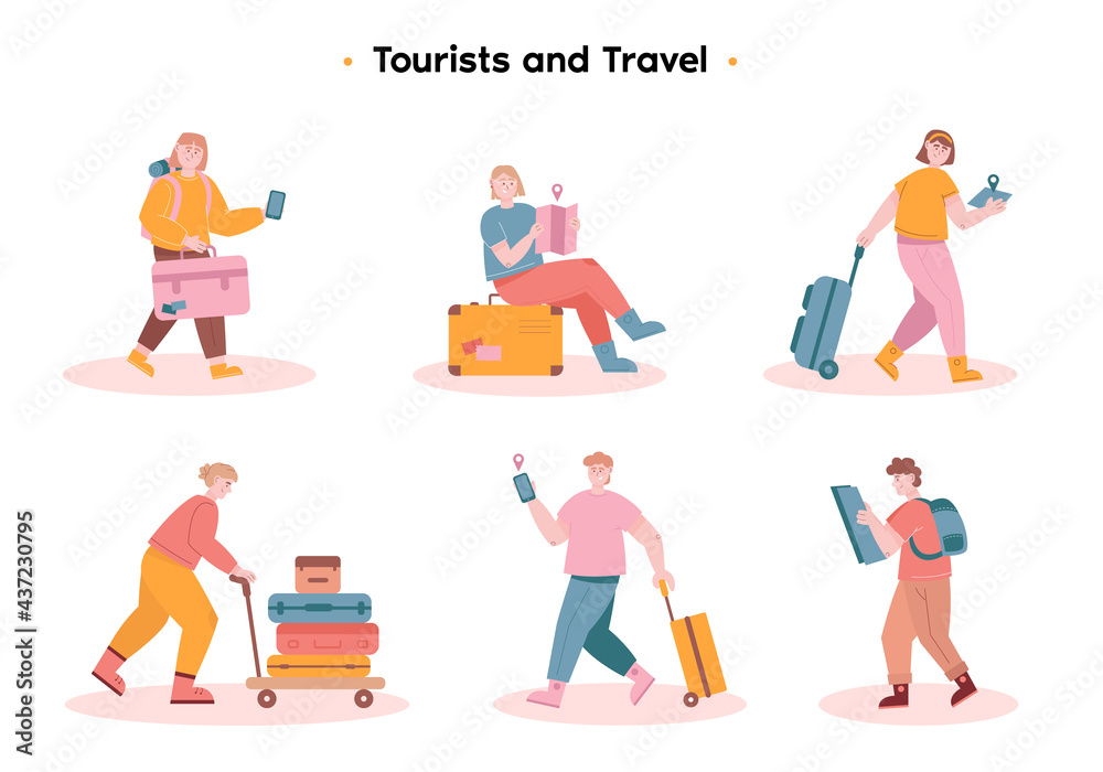Young guys and girls with travel maps in their hands and suitcases. Tourist with backpack observing a direction. Happy tourists with suitcases go to the airport. Girl uses navigation on the phone.