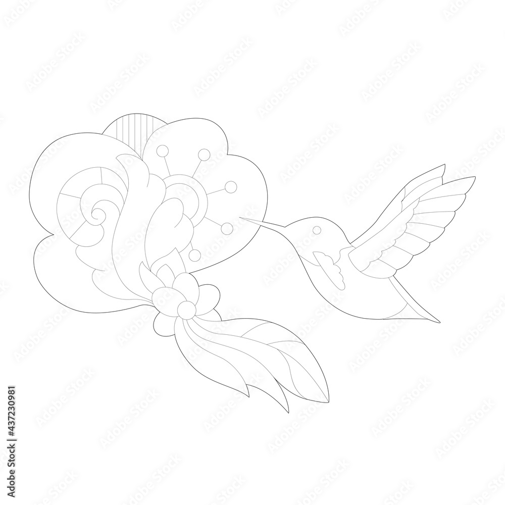 Naklejka premium Contour linear illustration for coloring book. Beautiful bird colibri, anti stress picture. Line art design for adult or kids in zentangle style and coloring page.