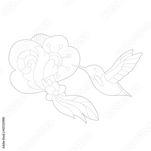 Contour linear illustration for coloring book. Beautiful bird colibri, anti stress picture. Line art design for adult or kids in zentangle style and coloring page.