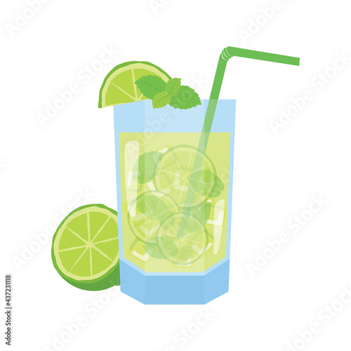 Mojito cocktail with lime and mint icon vector. Lemonade drink with lime vector. Glass of mojito drink with lime and mint icon vector isolated on a white background