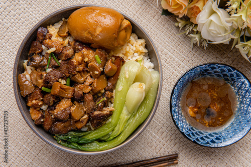 Lu rou fan or Taiwanese braised pork rice bowl is one of THE most beloved Taiwanese comfort foods. 
 photo
