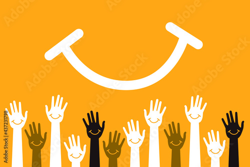 Happy smiling hands on orange background. Vector illustration 