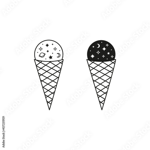 Cute celestial ice creams with stars, crescent moon and planet.