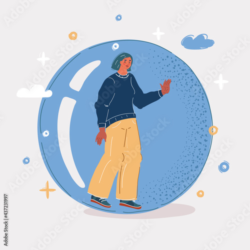 Vector illustration of woman inside glass sphere. Protection from the world and people