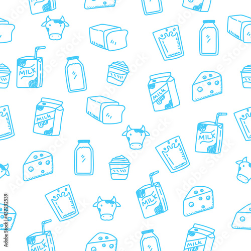 Seamless dairy product doodle pattern with blue color suitable for background or wallpaper