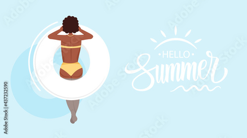 Hello Summer banner. Woman in swimsuit sunbathing and relaxing on inflatable ring. Summer vacation, pool party. Top view. Vector illustration.