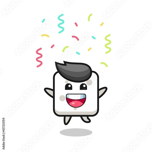 happy sugar cube mascot jumping for congratulation with colour confetti
