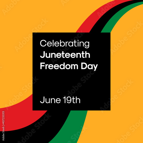 Juneteenth Freedom Day Square Banner Design Template for Social Media Posts. Celebrating Juneteenth Freedom Day Text on Orange Background with Pan-African Flag Wave Illustration.