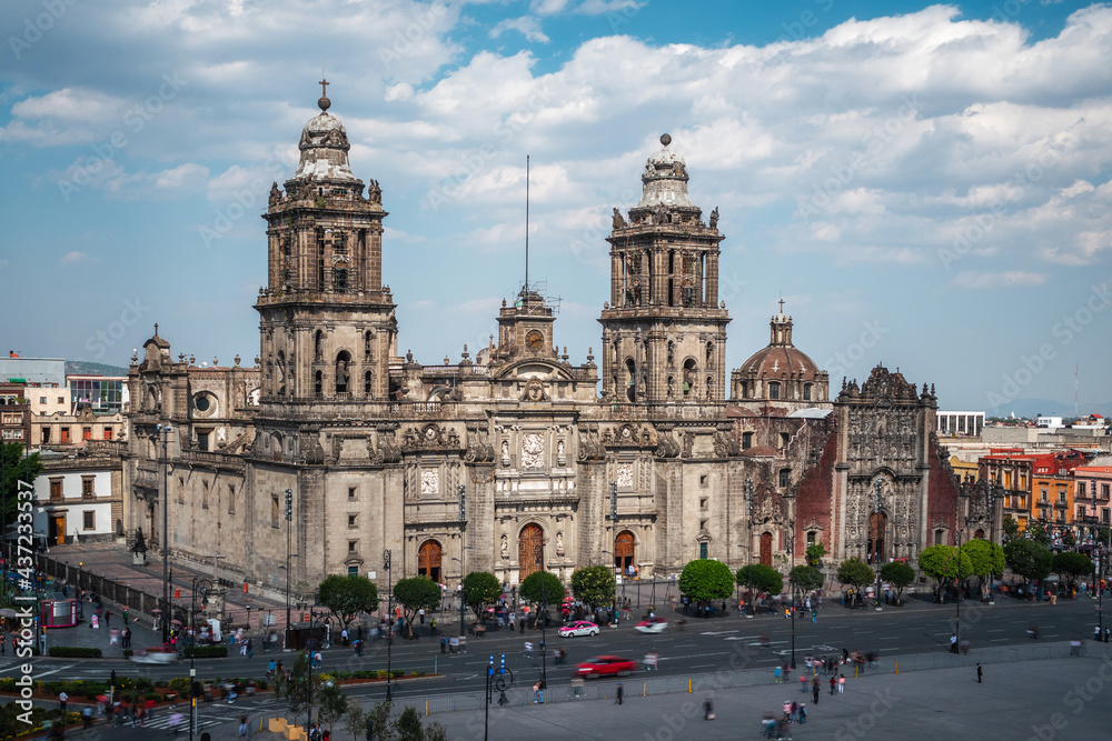 Historical landmark Metropolitan Cathedral at Plaza de la Constitucion in Mexico City, Mexico.