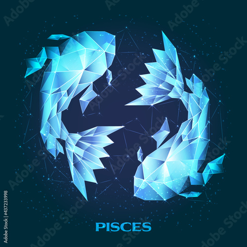 Abstract Digital Futuristic Zodiac Pisces Glittering Transparent Crystal Clear Polygonal Fish Swimming Around on Glowing Dark Blue Background Illustration with Stars Behind Vector Template Design