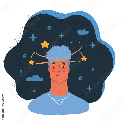 Vector illustration of Young man with pensive expression and brain messing