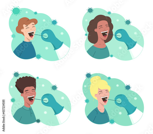 Doctor or nurse taking throat swab for coronavirus or DNA sample from different young people. Patient receiving a coronavirus test. Vector flat illustration of throat test using swab set.