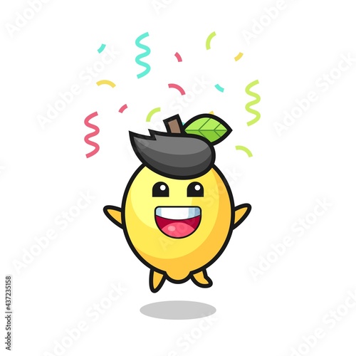 happy lemon mascot jumping for congratulation with colour confetti