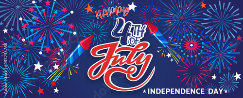 4th July Happy Independence Day holiday banner template with festive fireworks - Vector illustration