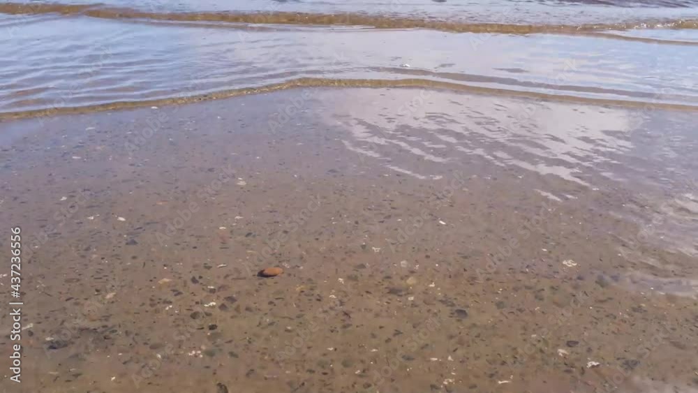 Yellow sand on the banks of a river or lake. Waves roll onto the shore Yellow sand on the banks of a river or lake. Waves roll onto the shore