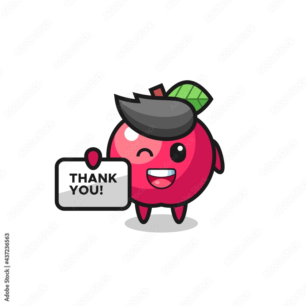 the mascot of the apple holding a banner that says thank you