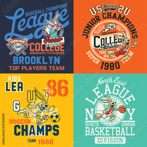 Cute rabbit character play baseball soccer basketball athletic vintage vector prints collection for children wear
